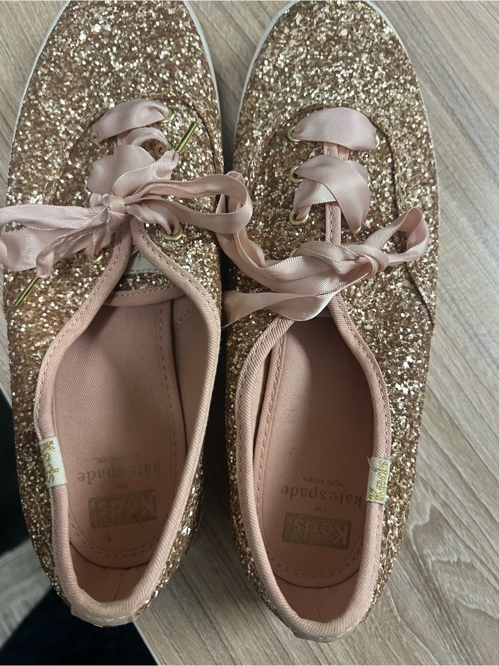 kate spade Rose Gold Glitter Satin-Lace Sneakers